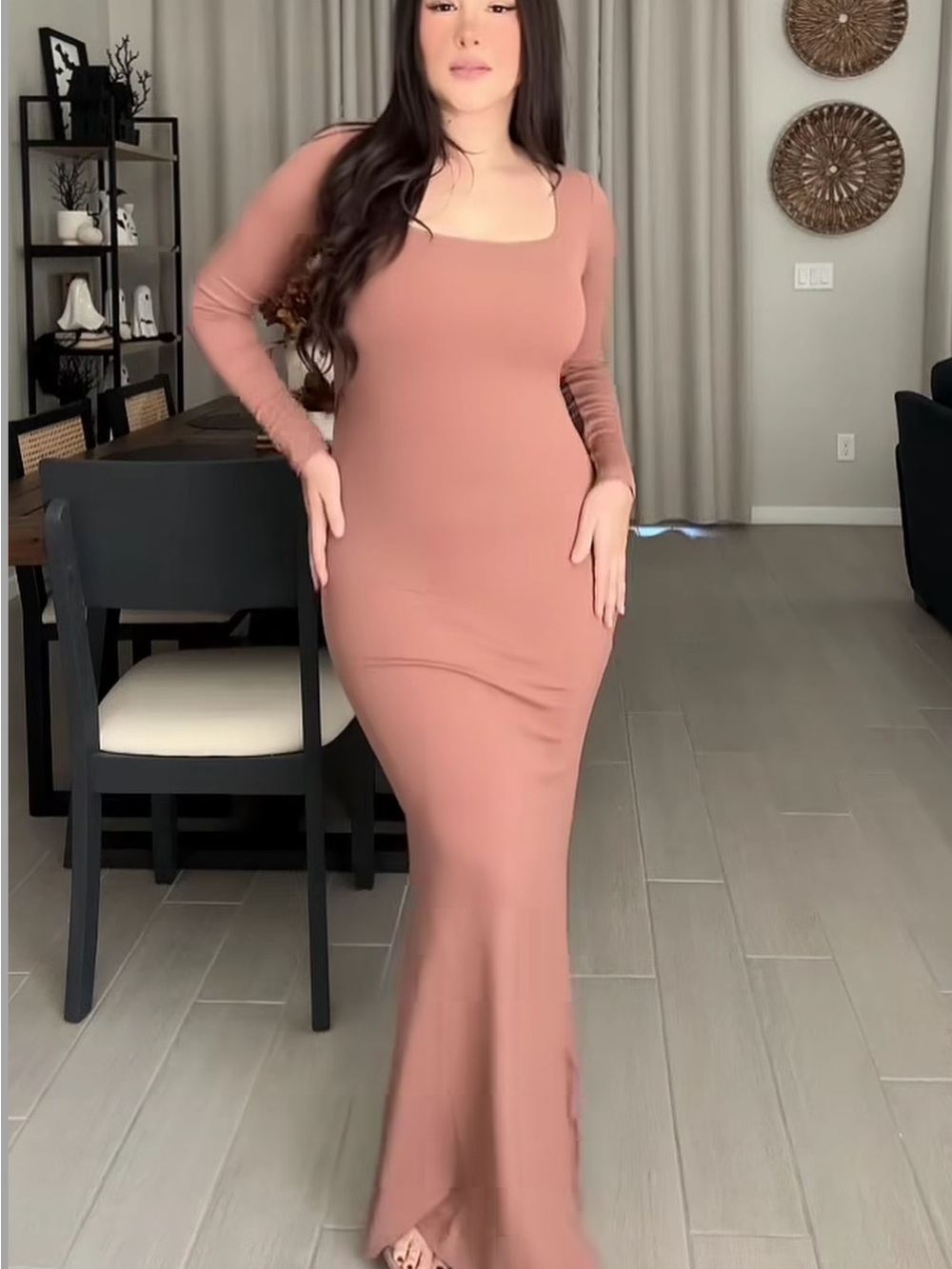 Popilush Long Sleeve Scoop Neck Bodycon Dress -